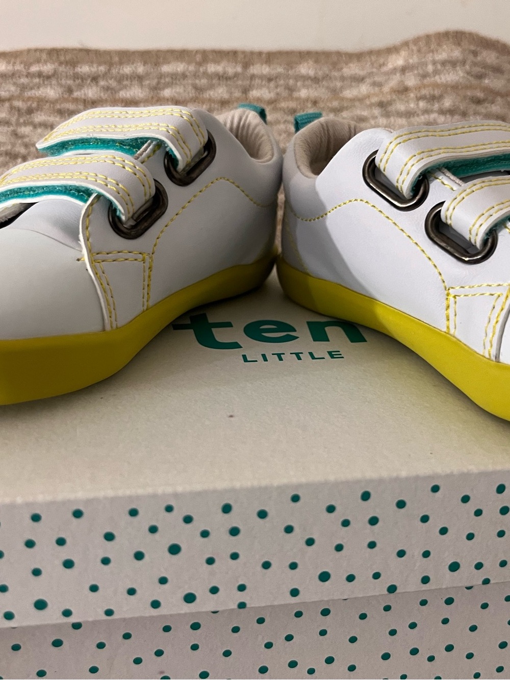 Ten Little Kids White Sneakers with Yellow Sole and Teal Accents